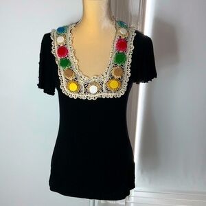 Tryst by Mathew Black Short Sleeve Blouse with Lace/Embroidered Detail Size S